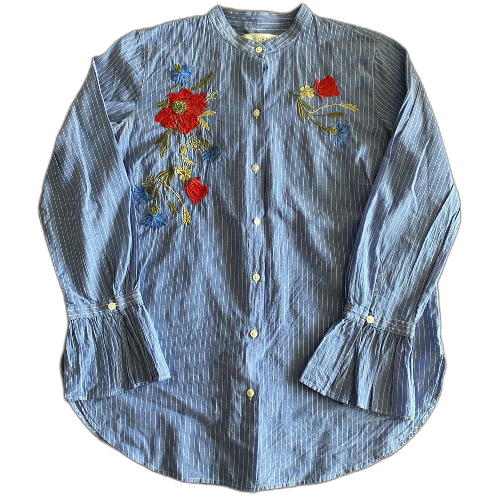 LOFT Blue Pinstripe Button-Down Shirt with Red Floral Embroidery